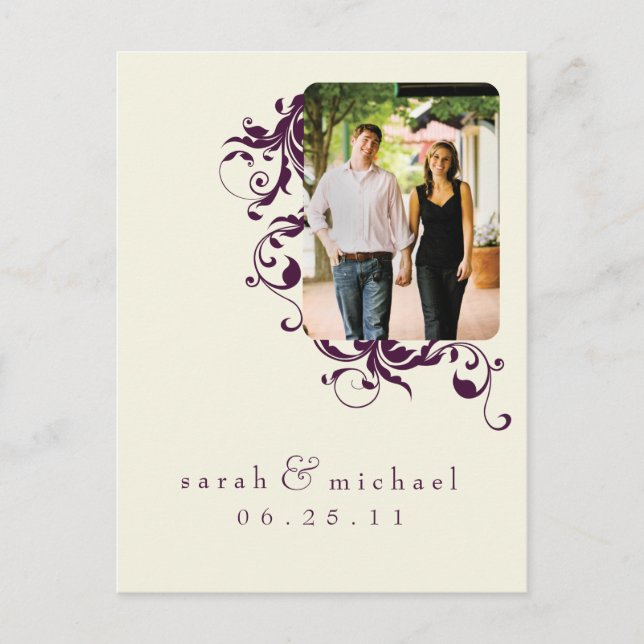 Eggplant/Ivory Photo Save the Date 04 Announcement Postcard (Front)