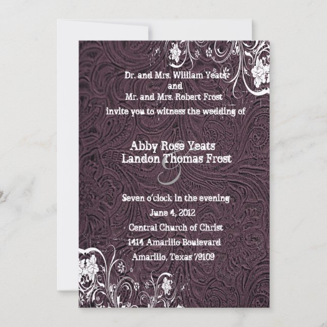 Eggplant Leather and White Lace Wedding Invitation (Front)