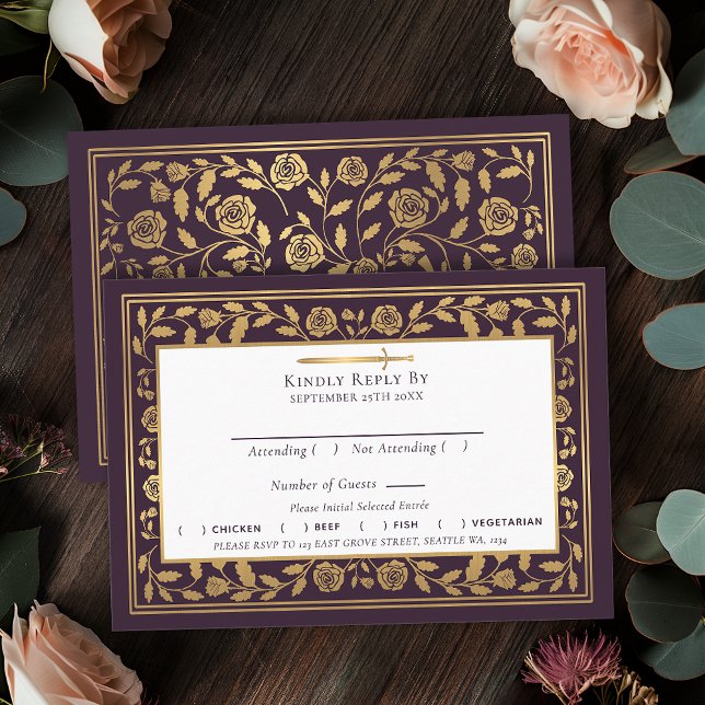 Eggplant Mediaeval Sword Wedding RSVP Enclosure Card (Creator Uploaded)