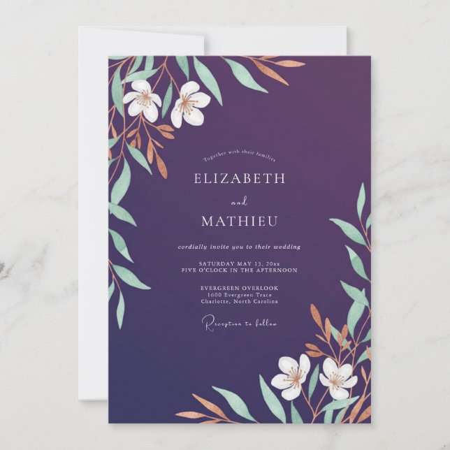 Eggplant Mint Blossom Wedding Invitation (Front)