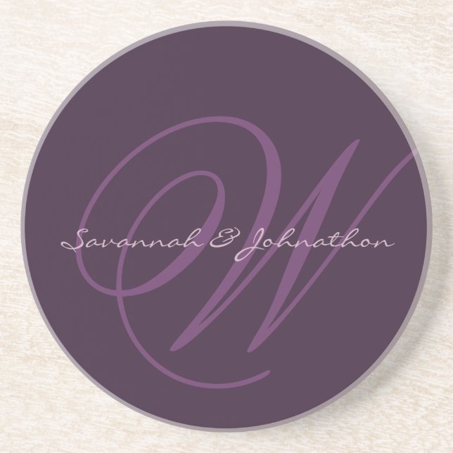 Eggplant Monogram Wedding Anniversary Coasters (Front)