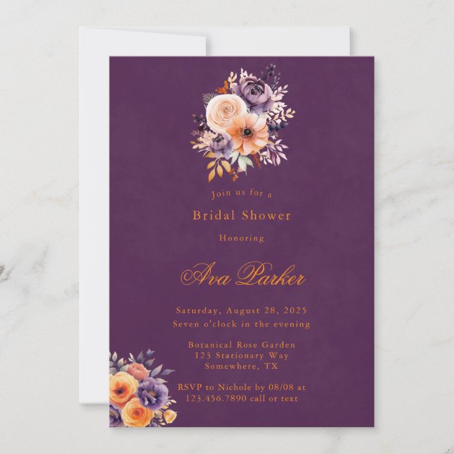 Eggplant Orange Floral Elegant Bridal Shower Invitation (Front)