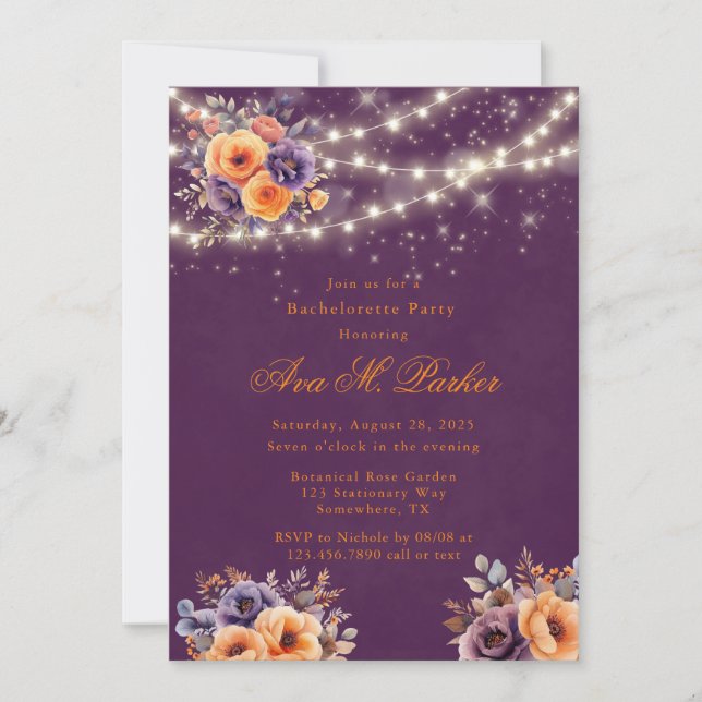Eggplant Orange Floral Lights Bachelorette Party Invitation (Front)