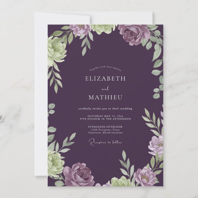 Eggplant Painted Foliage Wedding Invitation (Front)