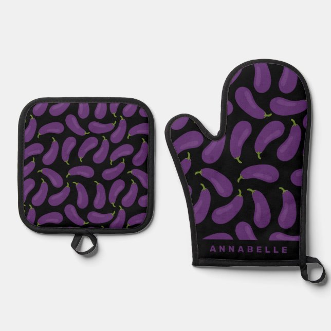 Eggplant Pattern Personalise Oven Mitt & Pot Holder Set (Front)