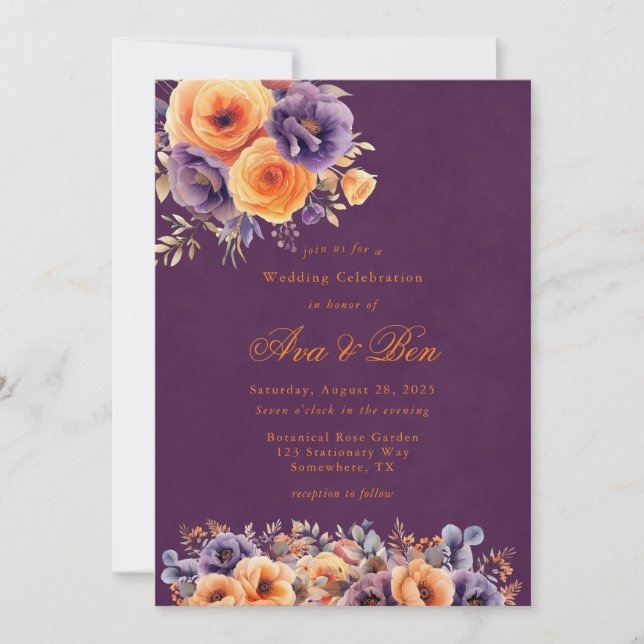 Eggplant Plum Orange Floral Wedding Celebration  Invitation (Front)