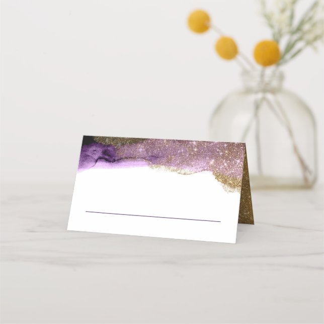 Eggplant Purple and Gold Glitter Modern Watercolor Place Card (Front)
