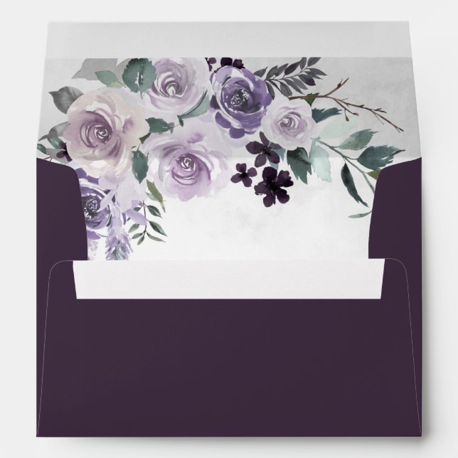 Eggplant Purple and Silver Floral Wedding Envelope (Back (Bottom))
