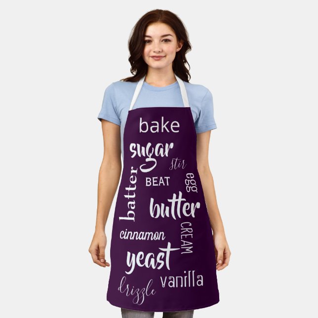 Eggplant Purple Baking Words Apron (Worn)