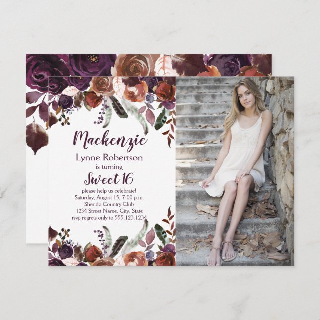 Eggplant Purple Butter Rum Roses Photo Sweet 16 Invitation (Front/Back)