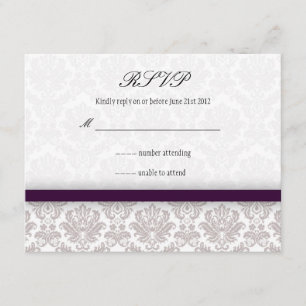 Eggplant Purple Damask Bow Wedding RSVP Card