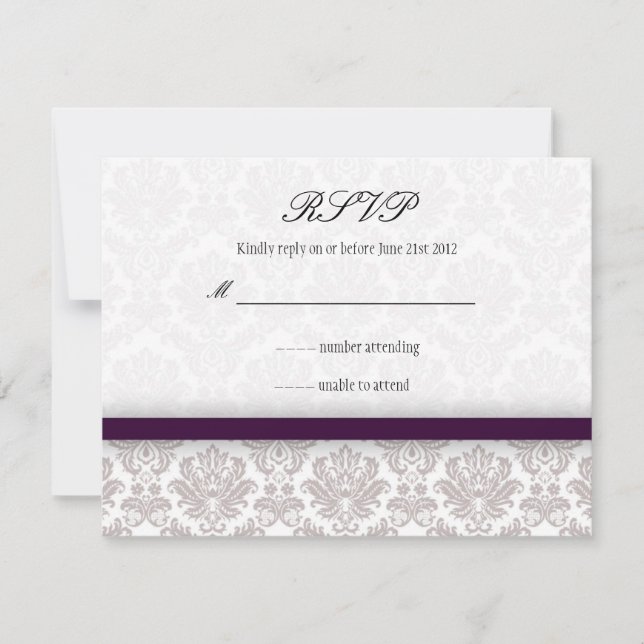Eggplant Purple Damask Bow Wedding RSVP Card (Front)