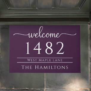 Eggplant purple family name personalized address doormat