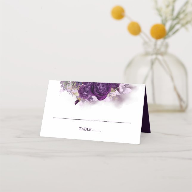 Eggplant Purple Floral Place Card (Front)