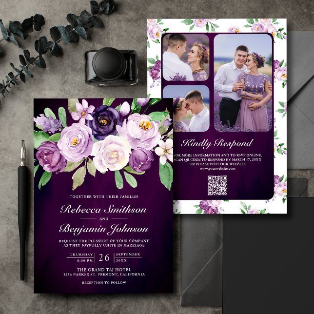 Eggplant Purple Floral QR Code Dark Moody Wedding Invitation (Creator Uploaded)