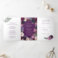 Eggplant Purple Floral Tri-Fold Wedding Invitation