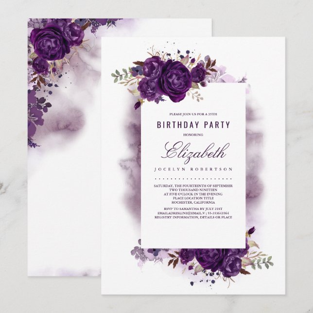 Eggplant Purple Floral Watercolor Birthday Party Invitation (Front/Back)
