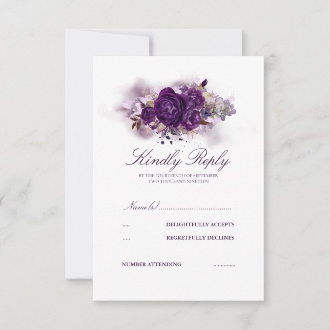 Eggplant Purple Floral Watercolors Wedding RSVP Card (Front)