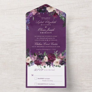 Eggplant Purple Floral Wedding All In One Invitation