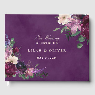 Eggplant Purple Floral Wedding Guest Book