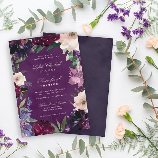 Eggplant Purple Floral Wedding Invitations (Creator Uploaded)