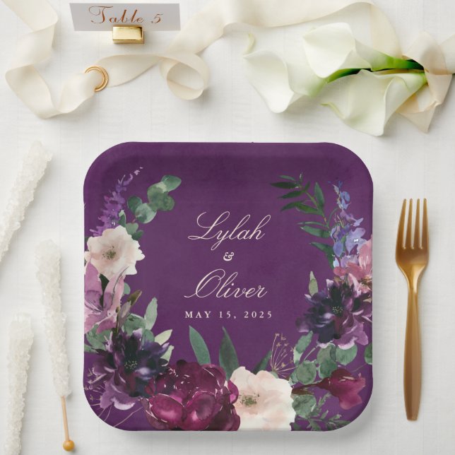 Eggplant Purple Floral Wedding Paper Plates (Wedding)