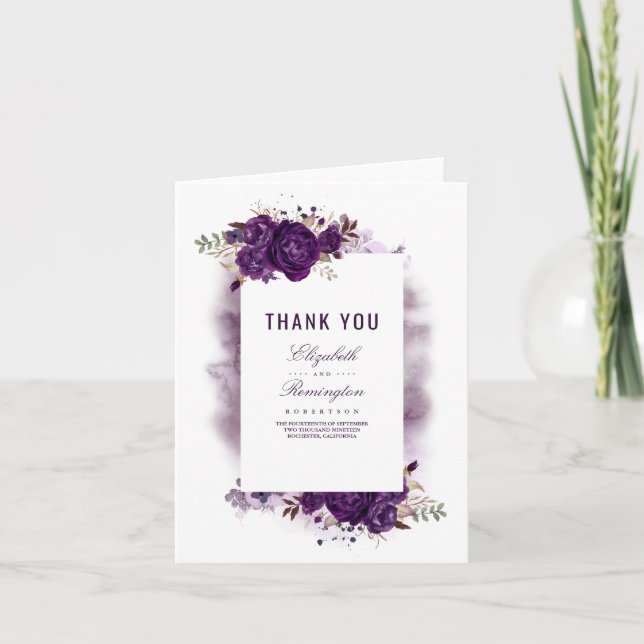 Eggplant Purple Floral Wedding Thank You Card (Front)