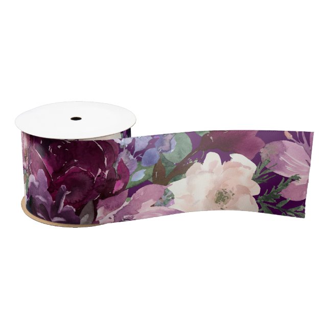 Eggplant Purple, Pink & Cream Floral Satin Ribbon (Spool)