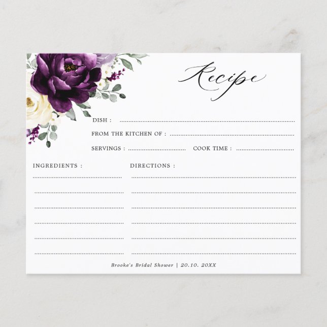 Eggplant Purple Plum Ivory  Bridal Shower Recipe   (Front)
