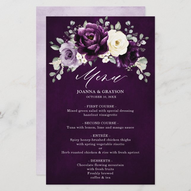 Eggplant Purple Plum Ivory Floral Wedding Menu (Front/Back)