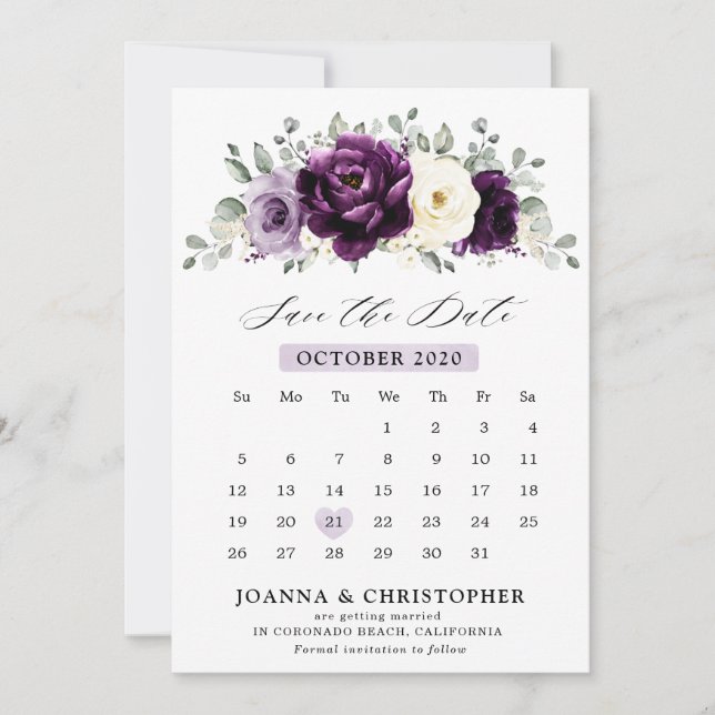 Eggplant Purple Plum Ivory White Floral Calendar Save The Date (Front)
