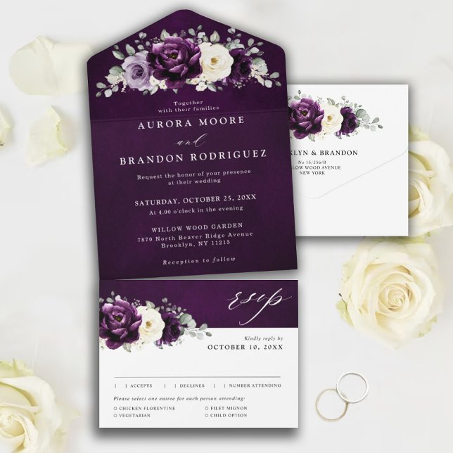 Eggplant Purple Plum Ivory White Floral Wedding Al All In One Invitation (Creator Uploaded)