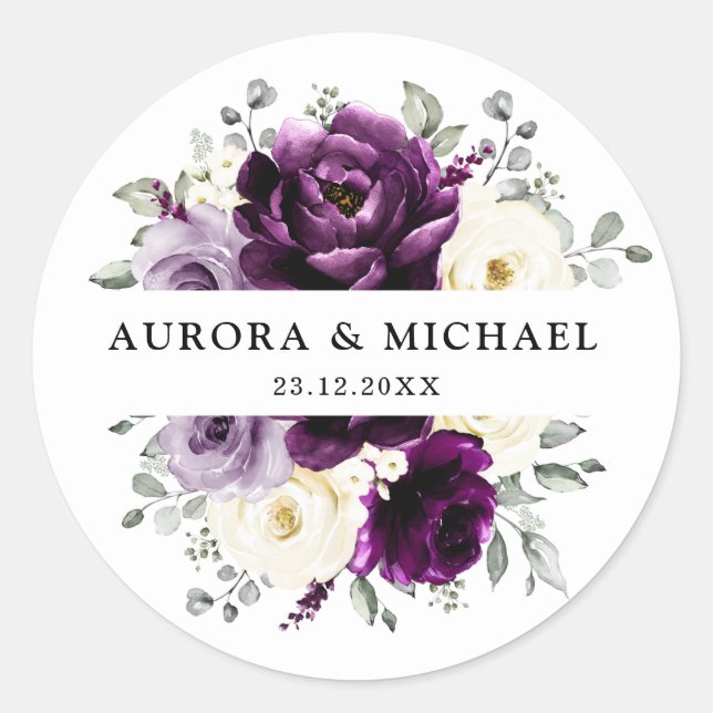 Eggplant Purple Plum Ivory White Floral Wedding Classic Round Sticker (Front)