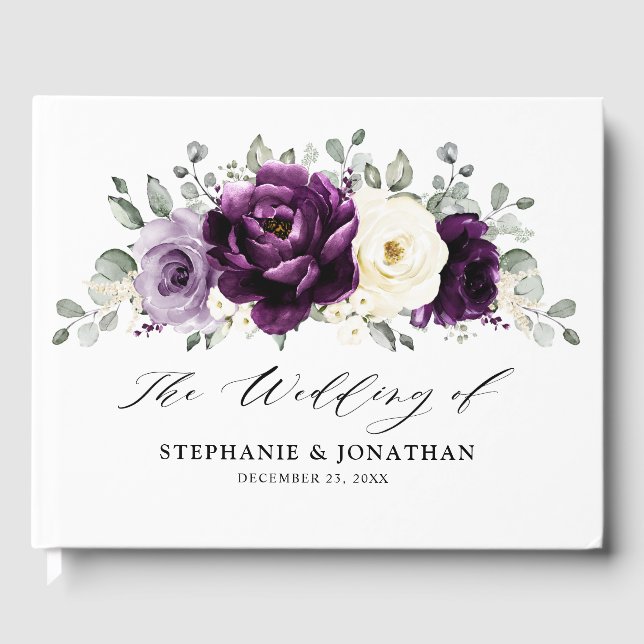 Eggplant Purple Plum Ivory White Floral Wedding Guest Book (Front)