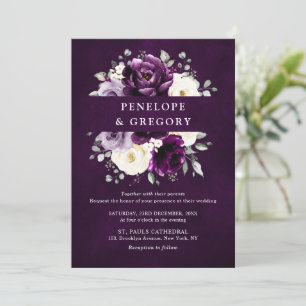 Eggplant Purple Plum Ivory White Floral Wedding In Invitation