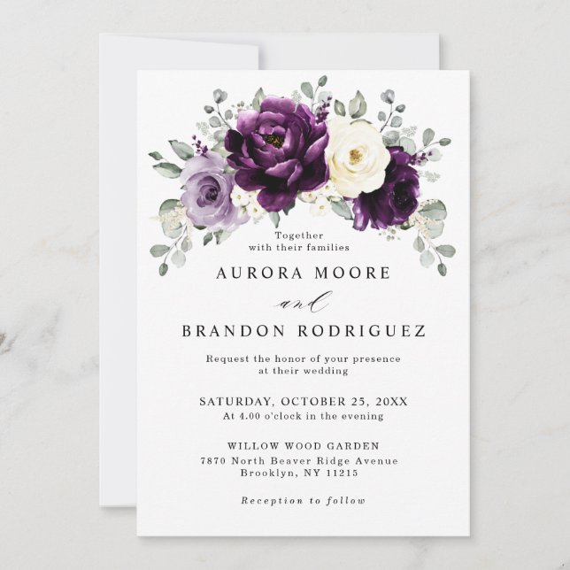 Eggplant Purple Plum Ivory White Floral Wedding    Invitation (Front)