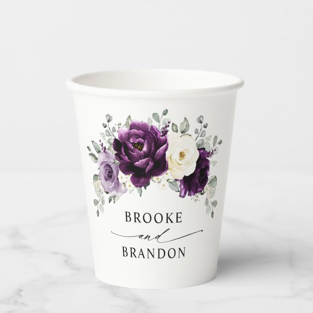 Eggplant Purple Plum Ivory White Floral Wedding Paper Cups (Front)