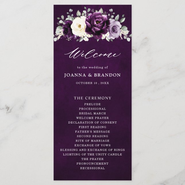 Eggplant Purple Plum Ivory White Floral Wedding Pr Programme (Front)