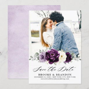 Eggplant Purple Plum Ivory White Floral Wedding Save The Date