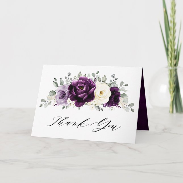 Eggplant Purple Plum Ivory White Floral Wedding Thank You Card (Front)