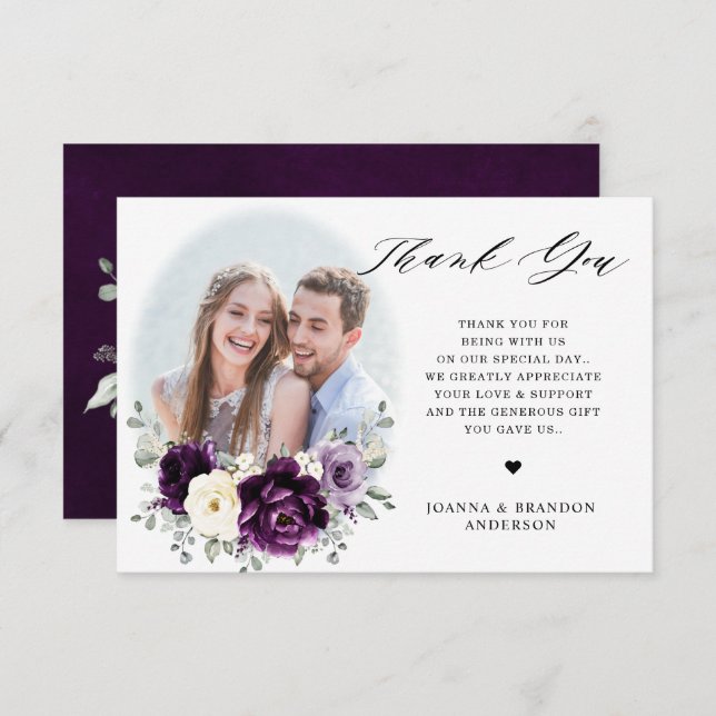 Eggplant Purple Plum Ivory White Floral Wedding Thank You Card (Front/Back)