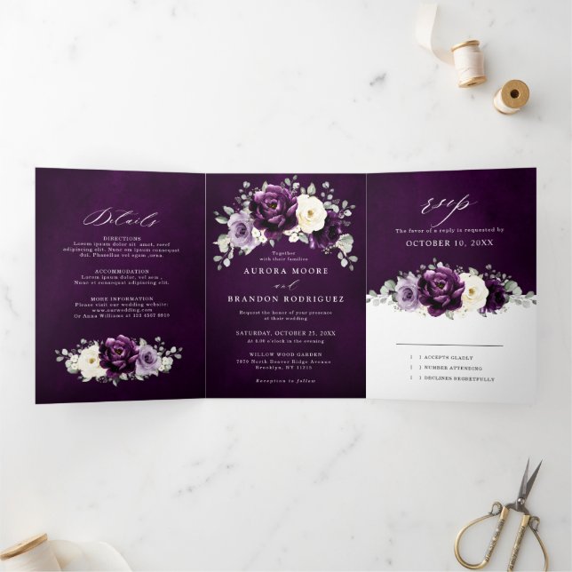 Eggplant Purple Plum Ivory White Floral Wedding Tr Tri-Fold Announcement (Inside)