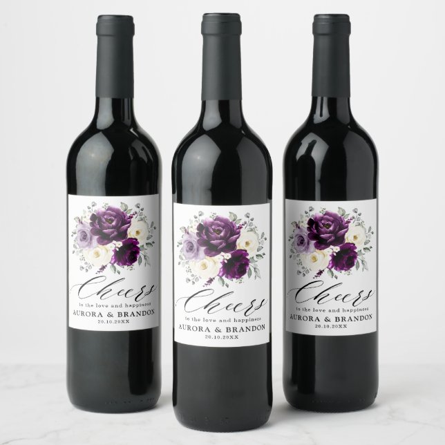 Eggplant Purple Plum Ivory White Floral Wedding Wine Label (Bottles)