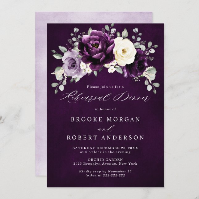 Eggplant Purple Plum Ivory White Rehearsal Dinner  Invitation (Front/Back)