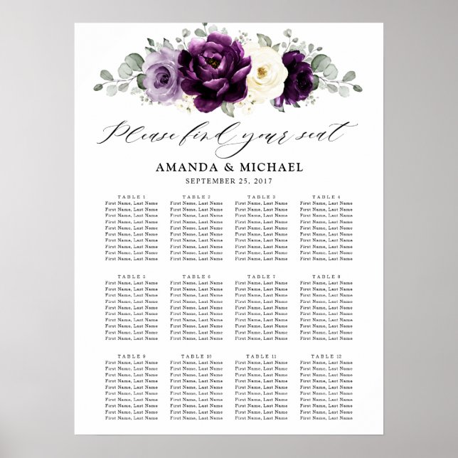 Eggplant Purple Plum Ivory White Seating Chart     (Front)