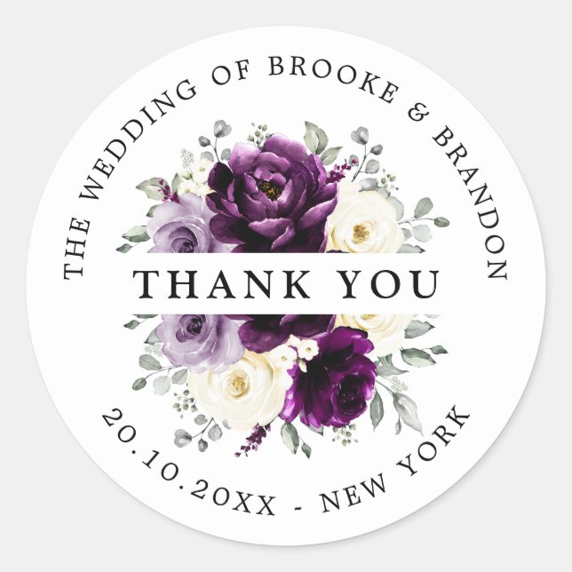 Eggplant Purple Plum Ivory White Wedding Thank you Classic Round Sticker (Front)