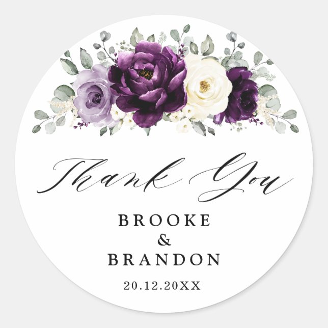 Eggplant Purple Plum Ivory White Wedding Thank you Classic Round Sticker (Front)