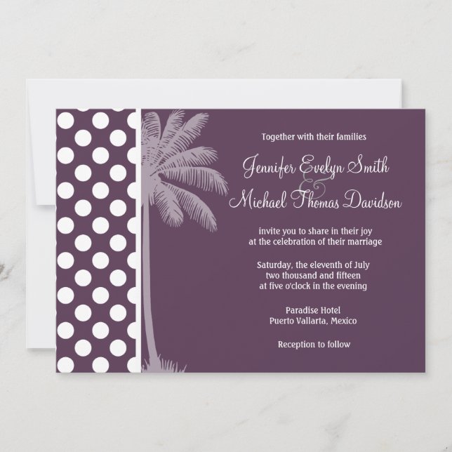 Eggplant Purple Polka Dots; Summer Palm Invitation (Front)