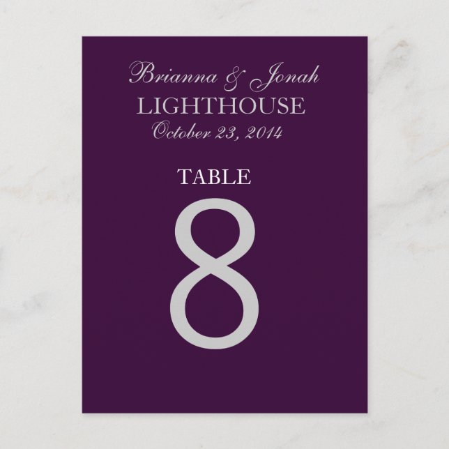 Eggplant Purple & Silver Wedding Table Number Card (Front)