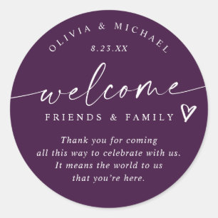 Eggplant Purple Wedding Welcome Hotel Bag Classic Round Sticker